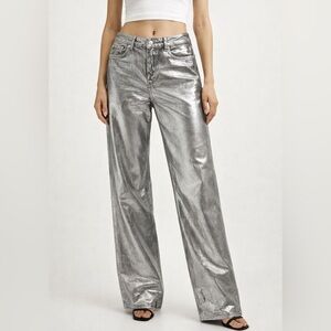 Mango Metallic Gray Wide-Leg Pants